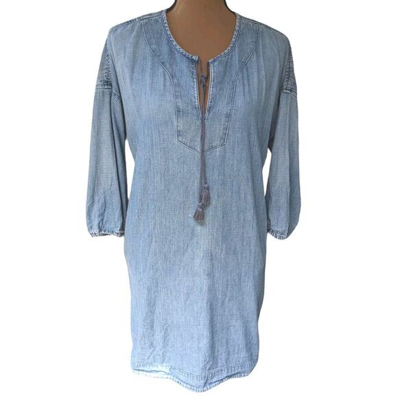 Small Oversized Chambray Lounge Dress Pockets Tassels Beachy Boho Coastal Loft - Picture 2 of 10
